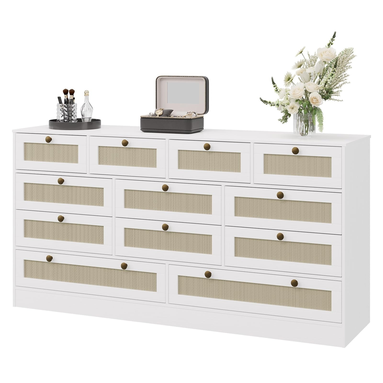 12 Drawer Wooden Dresser, 61" Wide Chest of Drawers, Modern TV Stand for 65" TV & Storage Organizer