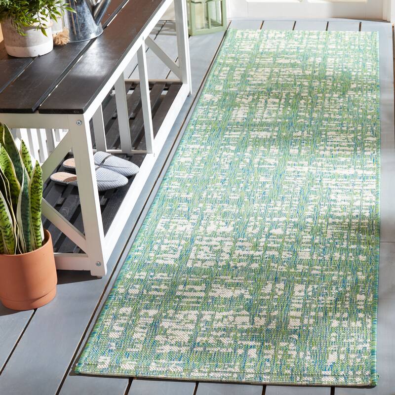 SAFAVIEH Courtyard Rufine Crosshatch Indoor/ Outdoor Waterproof Rug - 2'3" x 8' Runner - Green Blue/Ivory