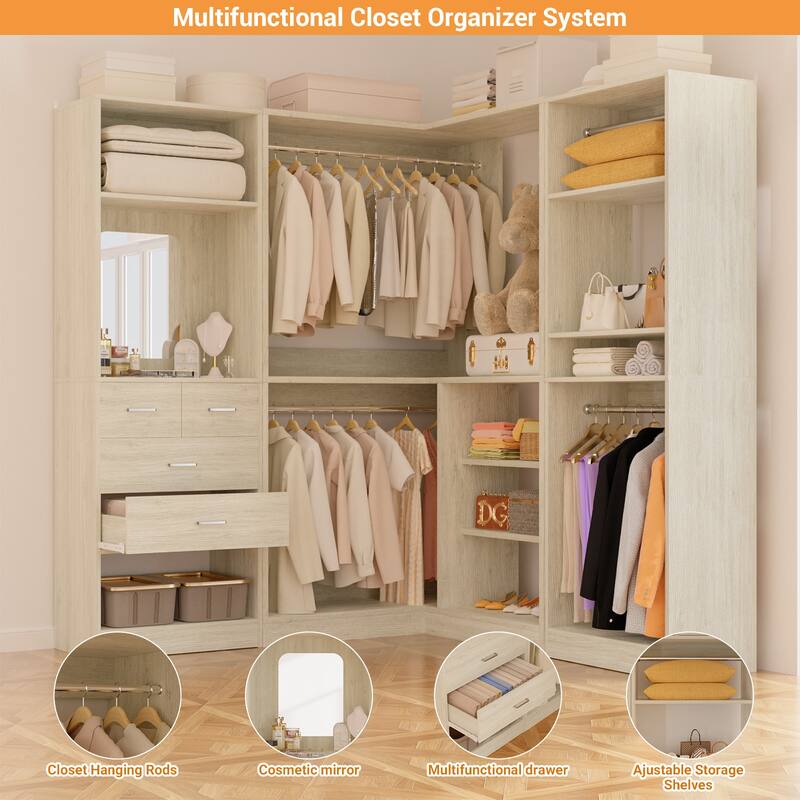 Cimly Set of 3 Corner Closet System with Hanging Rods, Space-saving Closet Organizer with Mirror