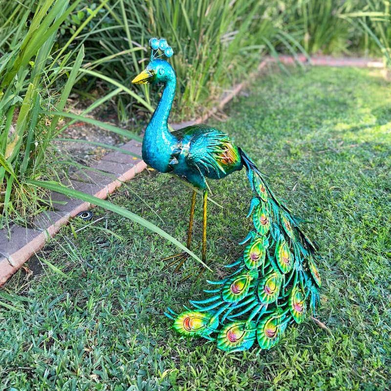 Exhart Hand Painted Majestic Metal Standing Peacock Garden Statue, 15 by 24 Inches