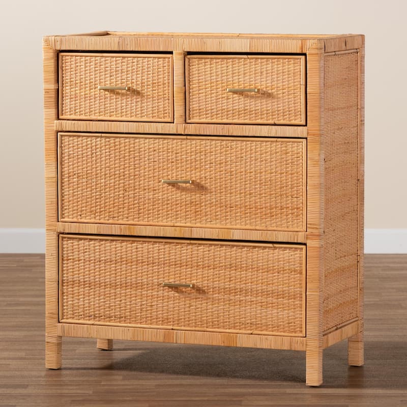 Vaere Modern Bohemian Natural Brown Rattan and Mahogany Wood Storage Cabinet