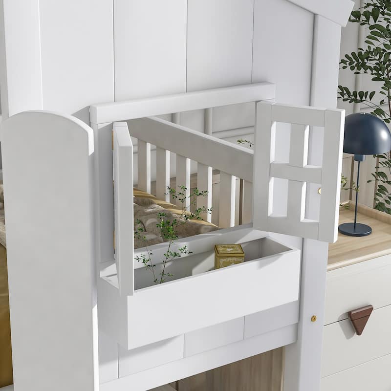 Twin Wood House Bunk Bed with Roof & Safety Guardrails