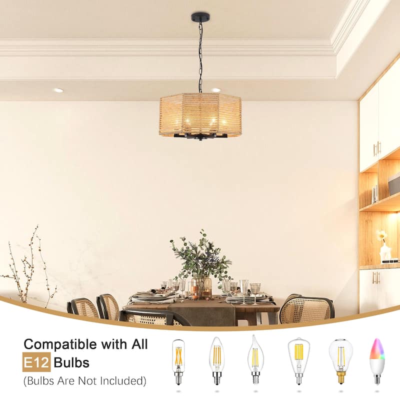 18.89-inch Bohemian-style 6-light octagonal metal chandelier with twine lampshades and adjustable height