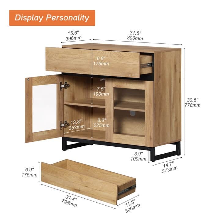 Modern Dresser With Glass Doors, Drawer, And Adjustable Shelf - Multifunctional Storage Cabinet For Living Room Or Bedroom