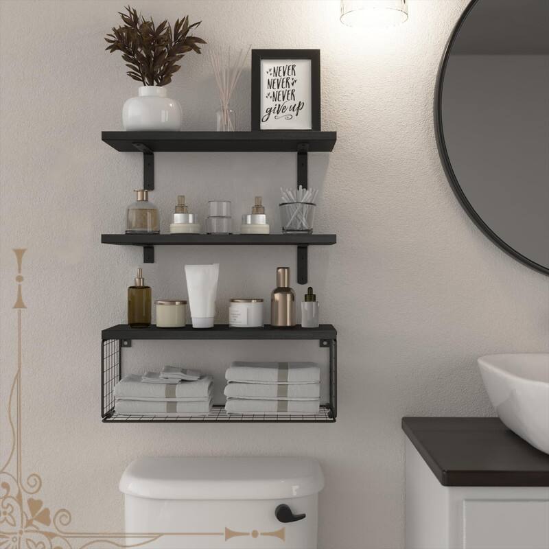 Over-Toilet Floating Shelf w/Wire Basket & Wall Mount - Black