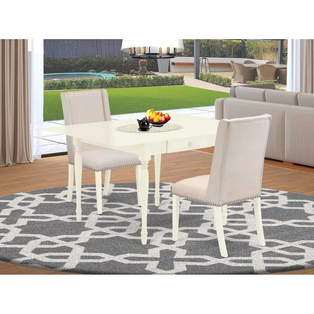 HomeStock 3-Piece Linen White Finish Rectangular Solid Wood Top with Dropleaf Dining Table Set