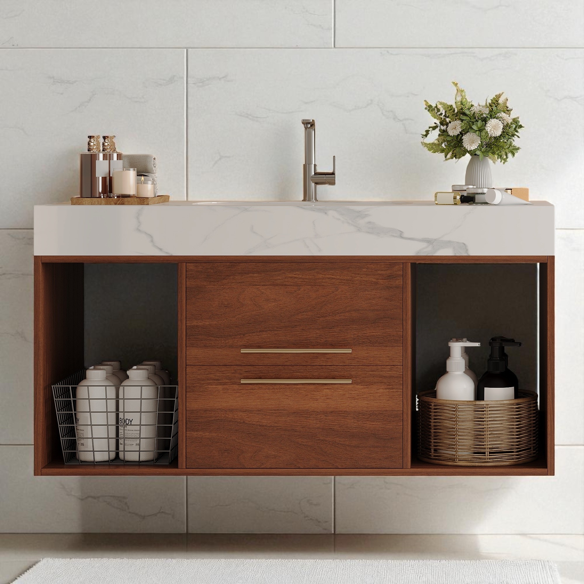 39.4" Floating Bathroom Vanity with Ceramic Sink White Sintered Stone Top Soft Close Drawers Wall Mounted