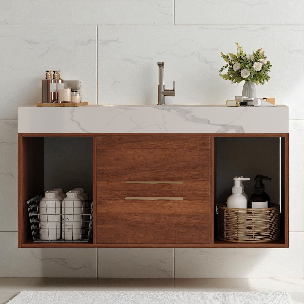 39.4" Floating Bathroom Vanity with Ceramic Sink White Sintered Stone Top Soft Close Drawers Wall Mounted