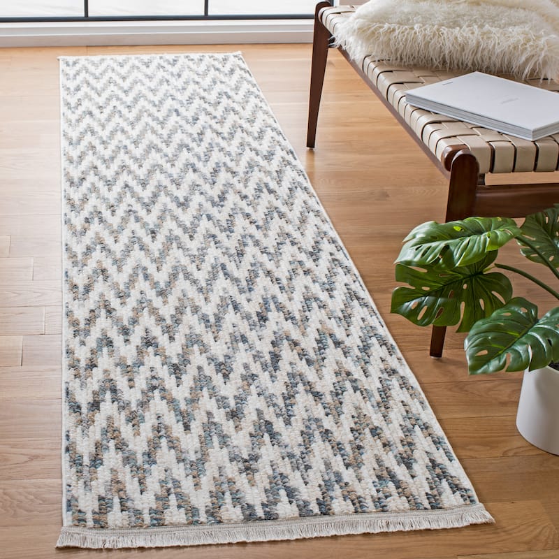 SAFAVIEH Sedona Elvina Boho Chevron Fringe Rug - 2'4" x 9' Runner - Ivory/Dark Grey