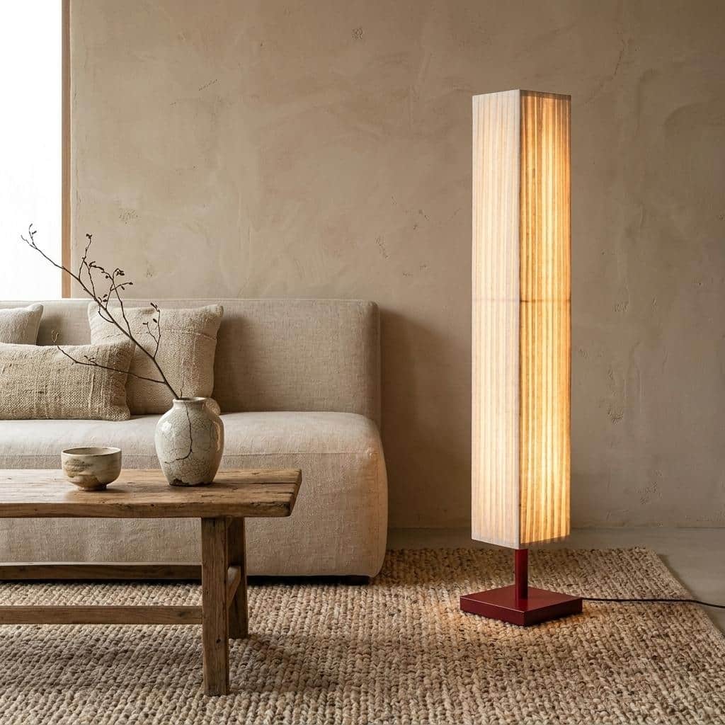 Modern Natural Linen Wood Column Floor Lamp with Square Base