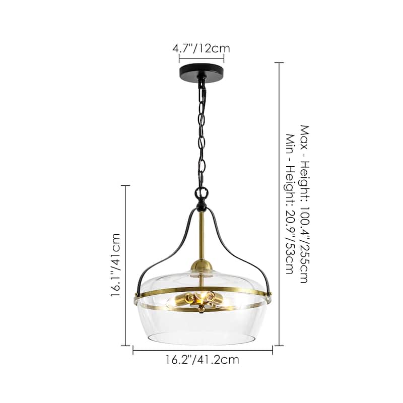 16.2 in. 3-Light Modern Matte Black Pendant Light with Clear Dome Glass Shade For Use in Kitchen Islands, Dining Rooms