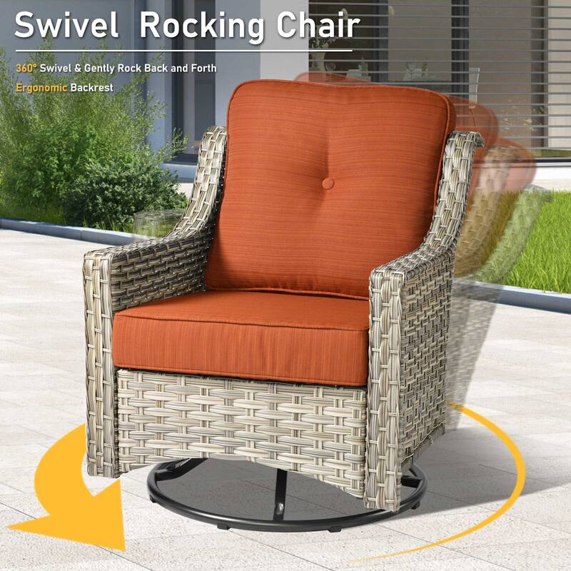 HOOOWOOO 6-piece Wicker Outdoor Conversation Set Swivel Chairs with Fire Pit