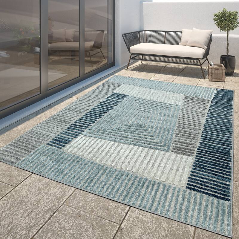In- & Outdoor Rug Geometric Pattern in 3D for Patio - blue - 2' x 3'3"
