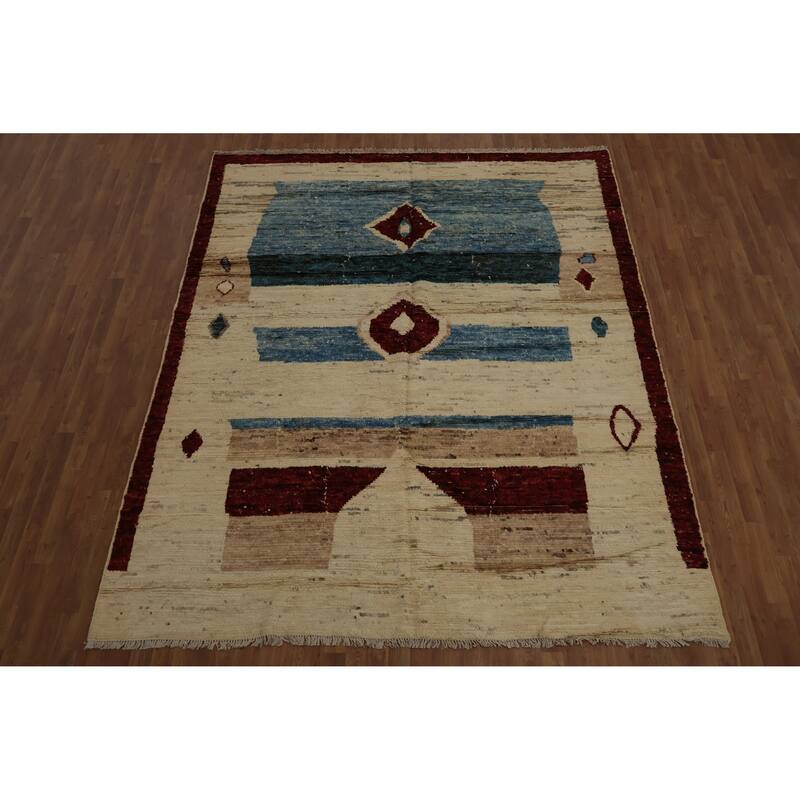Hand Knotted Oriental 100% Wool Carpet Modern Geometric Beige & Ivories Moroccan Area Rug - 9' 10'' X 8' 3''
