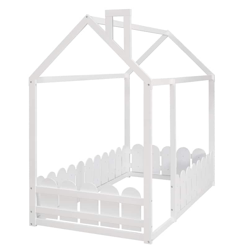 Playful Twin Wood Bed Frame with House Design, Fence, and Cozy Sleeping Space for Children