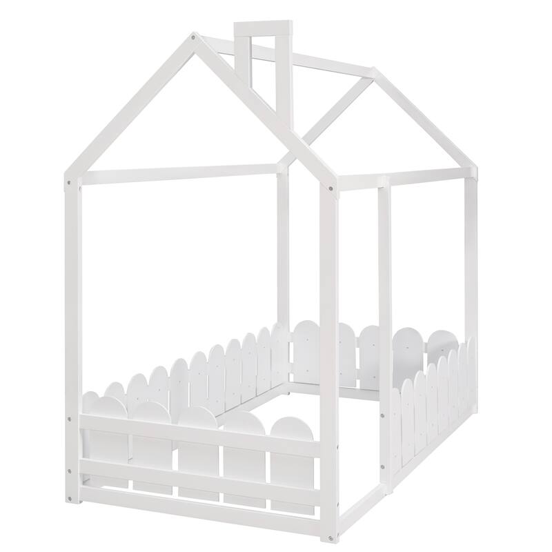 Wooden Twin House Bed with Pine Frame, Roof, and Fence, Perfect for Play and Sleep