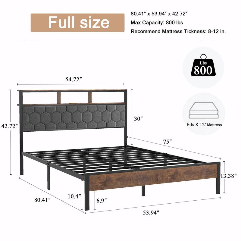 Vintage Shelf Headboard Bed - Built-in USB Ports