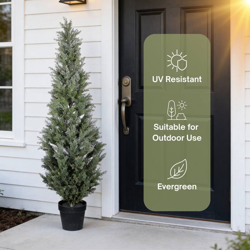 5FT Artificial Cypress Tree in Black Plastic Pot UV Resistant, Realistic Indoor Outdoor Fake Topiary Plant, 1pc/set