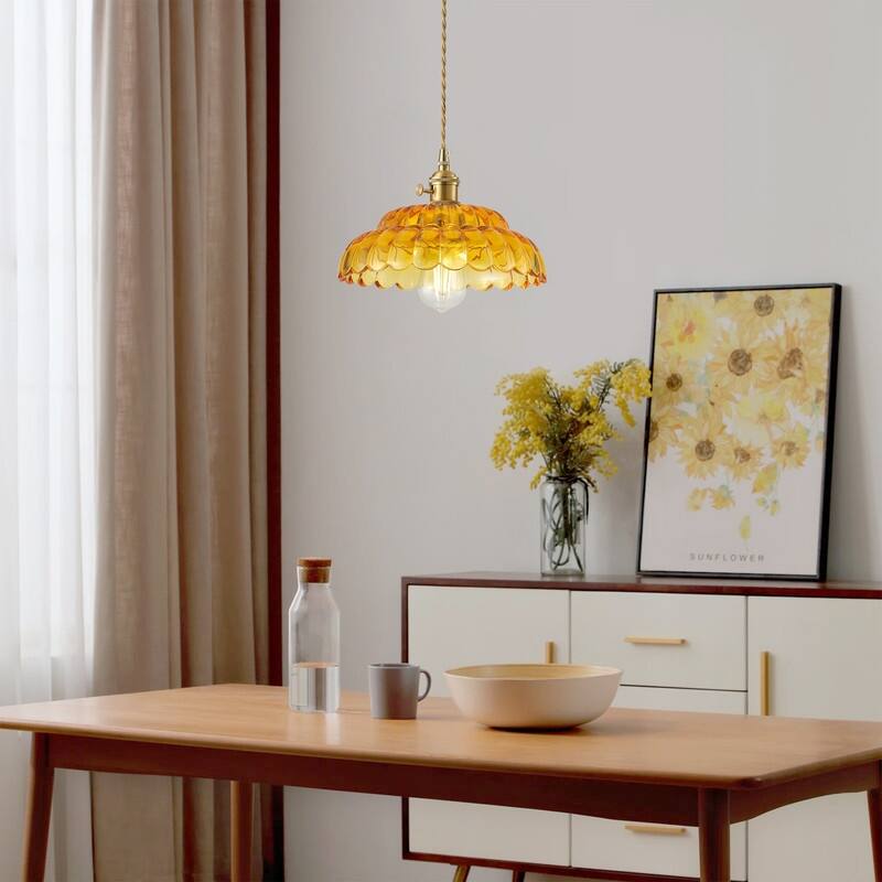 Modern 1- Light Pendant Gold Tinted Glass Shade with Electroplated Brass Finish