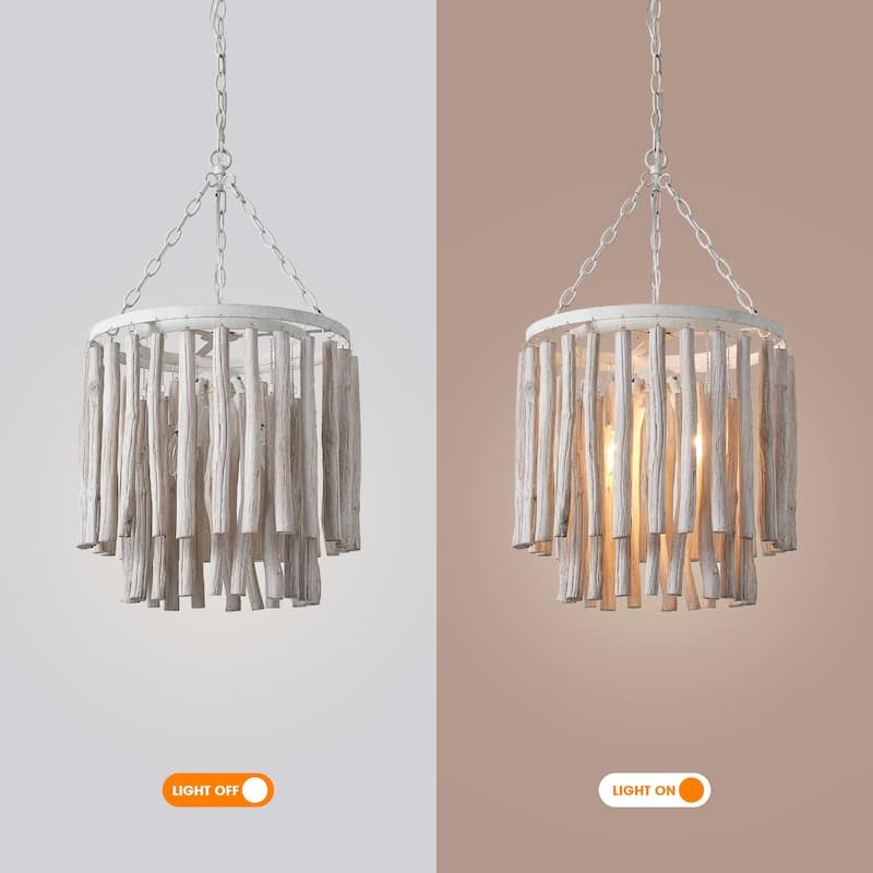 17" 4-Light Coastal 2-Tier Round Fringe White Wood Chandelier - 16.93 " D x 16.93 " W x 29.13" H