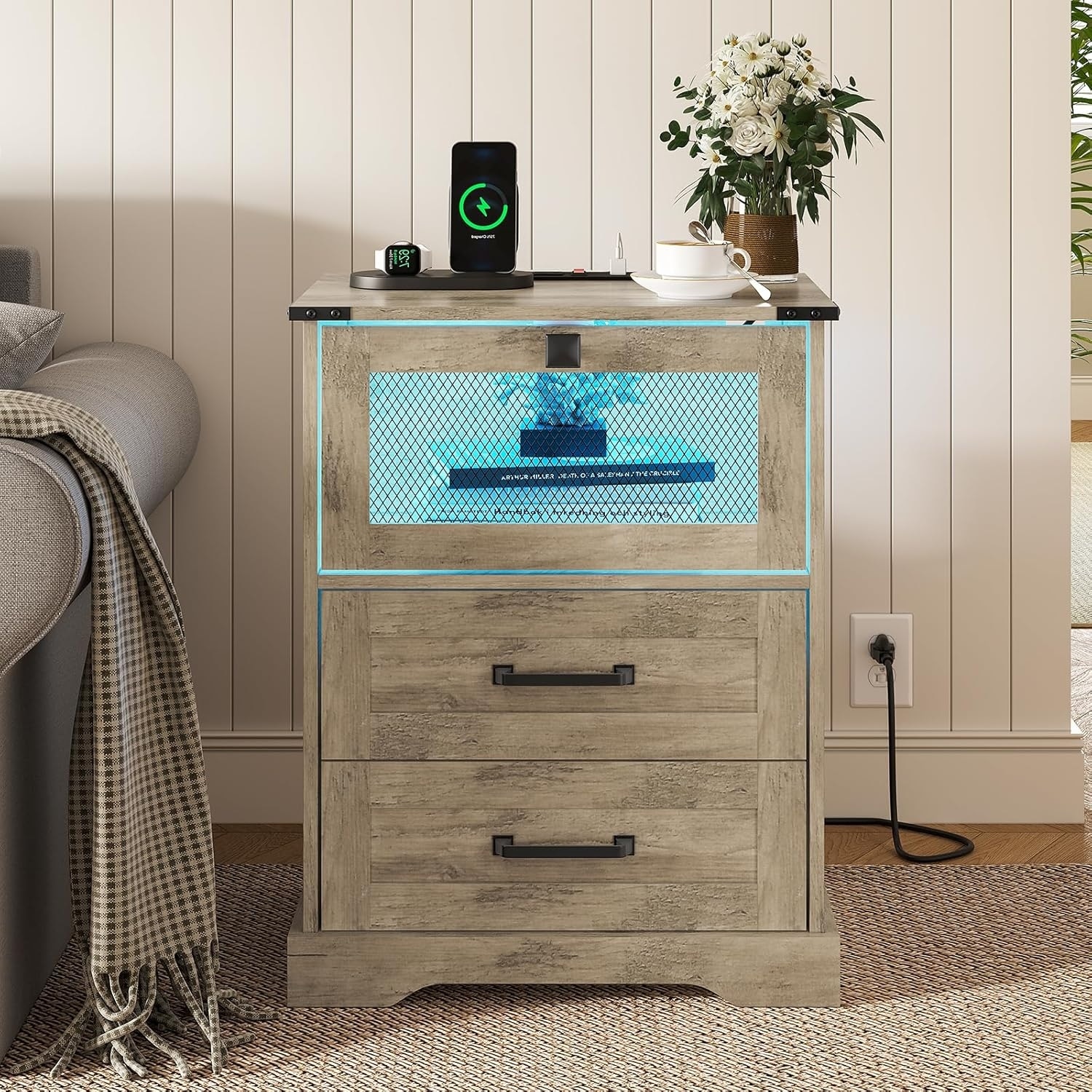 LED Nightstand 2 Drawers Wire Mesh Door Charging Station