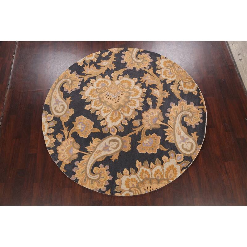 Charcoal Floral Paisley Oriental Area Rug Hand-tufted Wool Carpet - 8'0" x 8'0" Round