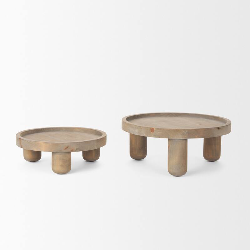 HomeRoots Set of Two Gray And Natural Solid Wood Handmade Round Risers - 13.25 in. x 5.75 in. x 13.25 in.