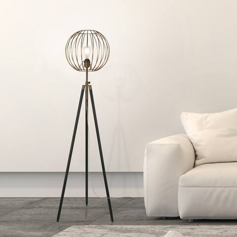 Parry Industrial Metal Tripod Floor Lamp in Antique Brass Finish