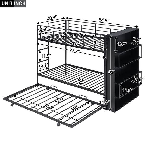 Sleek Modern Tubular Metal Bunk Bed Twin Over Twin with Side Big Bookshelf Frame, Black Bunk-Beds with Pull Out Trundle Bed