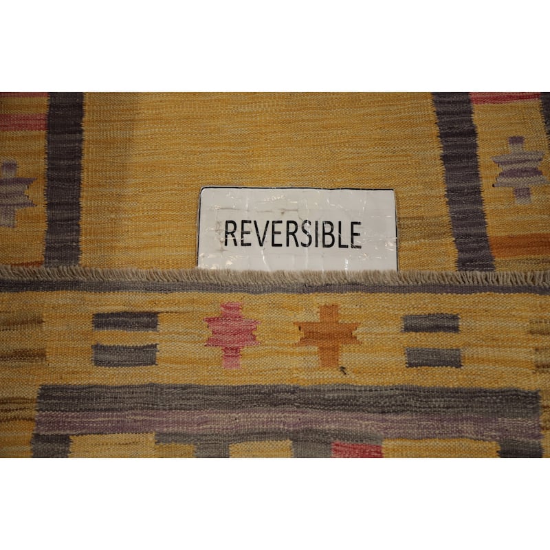 Hand Woven Oriental 100% Wool Carpet Southwestern Tribal Yellow & Gold Kilim Runner Rug - 11' 10'' X 2' 7''