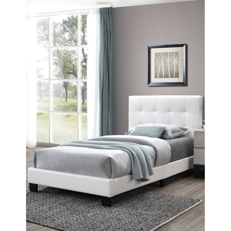 Modern White Faux Leather Twin Bed with Middle Support Legs & Rectangle Headboard!