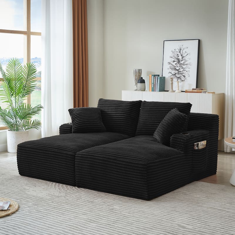 Compressible Double Chaise Lounge With Cupholders - No Assembly Required, Fluffy Modern Sleeper Loveseat