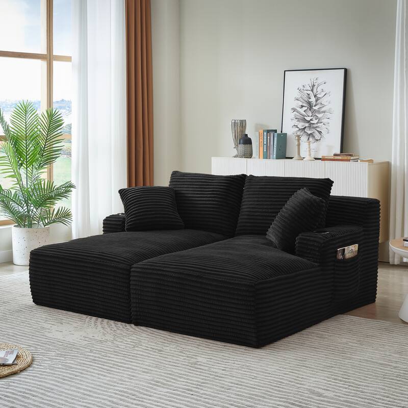 Roomfitters Double Chaise Lounge with Cup Holders and Plush Corduroy Upholstery, No Assembly Modern Sleeper Loveseat - Black