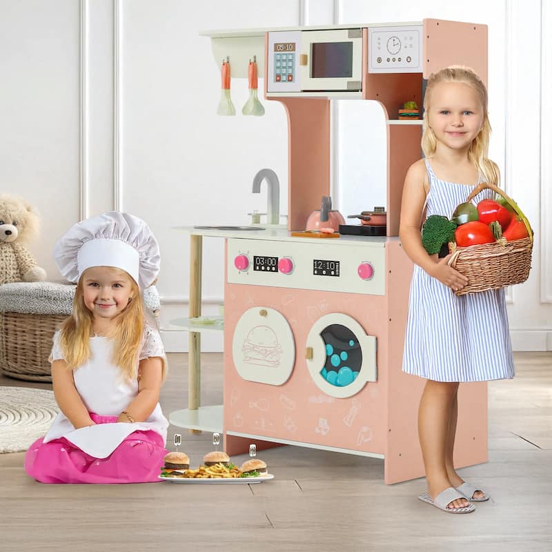 Wooden Play Kitchen Set for Kids, Pretend Cooking Toy, Interactive Kitchen Playset