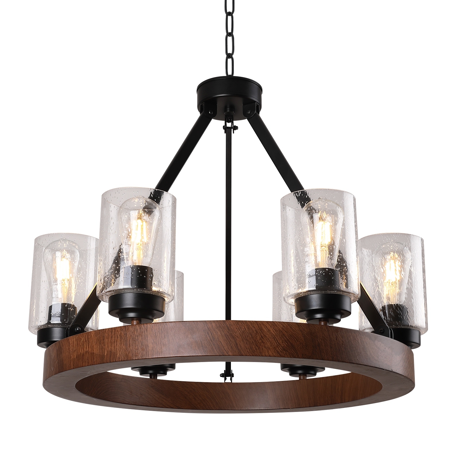 25.2-Inch Modern Farmhouse Chandelier for Dining Room, Black Rustic 6-Light Fixture with Clear Glass Shades