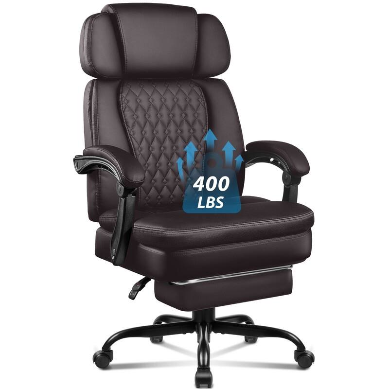 BOSSIN 400lbs Big & Tall Office Chair, Reclining Executive Chair with Footrest, Adjustable Headrest, PU Leather High Back, - New-Brown
