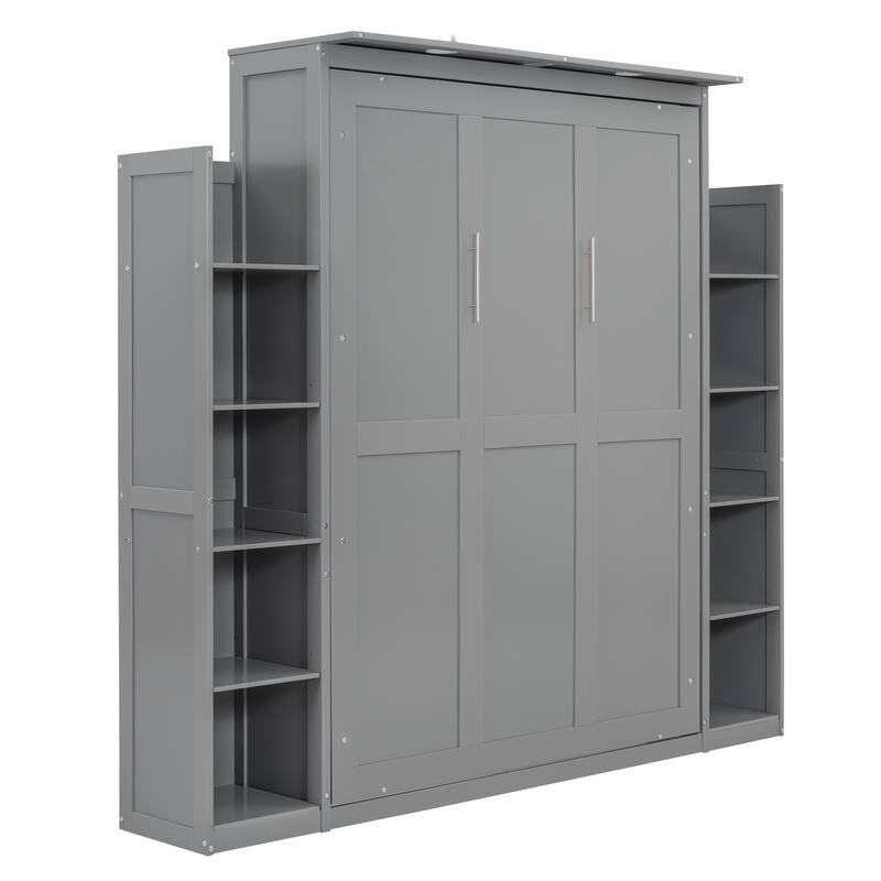 Murphy Bed Frame Foldable Into Wall Cabinet with Bookshelf & LED Light