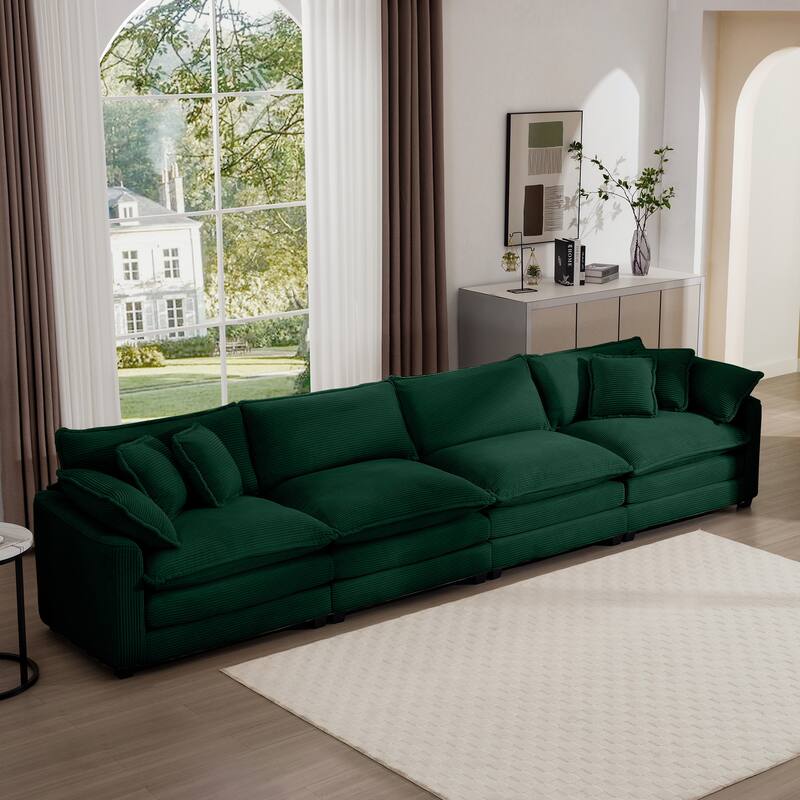 Green 150" Corduroy Cloud Upholstered 4-seater Modular Sectional Sofa with 6 Pillows, Double Cushion Seat, Free Combination - Green