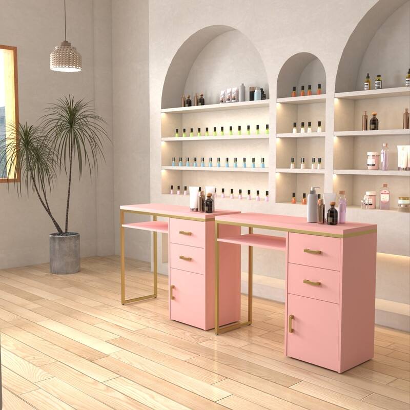 38.19" W Particle Board Computer Desk Manicure Table with 2 Drawers and 1 Cabinet - Pink
