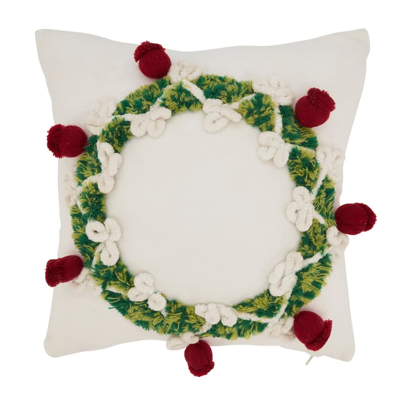 Evergreen Elegance Wreath Throw Pillow - Multi - 12"x12" - Feather Down