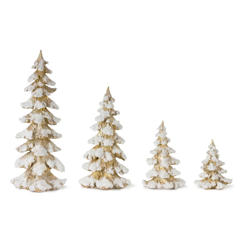 Green Flocked Pine Tree Decor (Set of 4) - N/A - Gold - Polyresin
