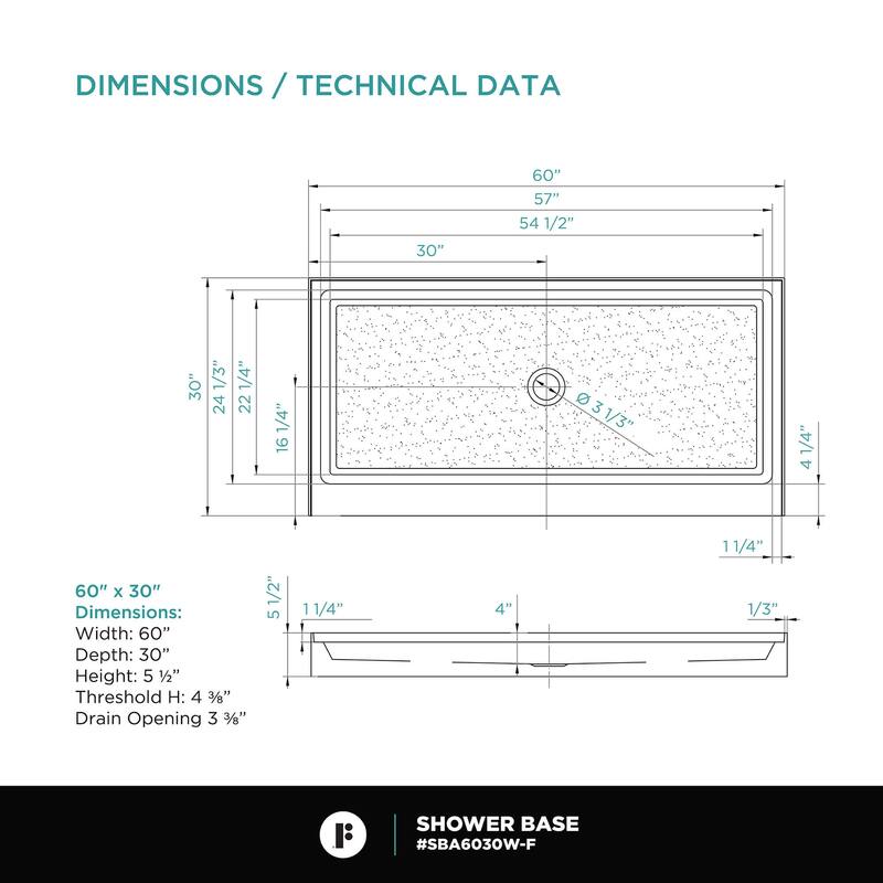 Fine Fixtures Single Threshold Acrylic Shower Base - Non-Slip Textured Surface Shower Floor Pan