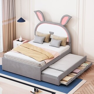 Roomfitters Full Size Upholstered Platform Bed with Trundle, Storage Drawers, LED Rabbit Headboard, Gray