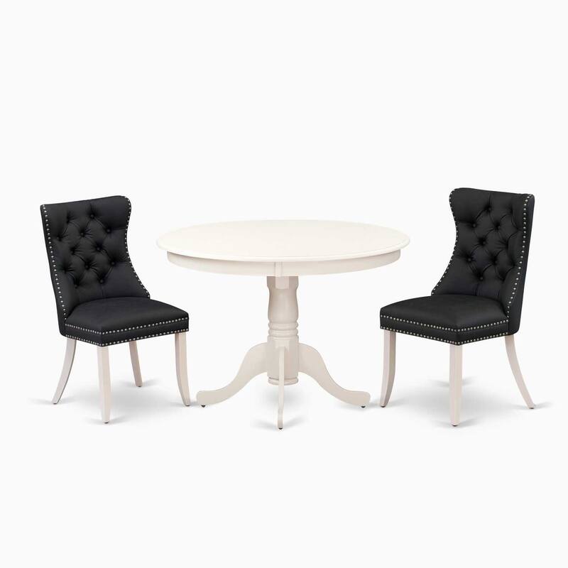 3-Piece Linen White Finish Solid Wood Top-Round Upholstered Dining Room Set-Seats 4