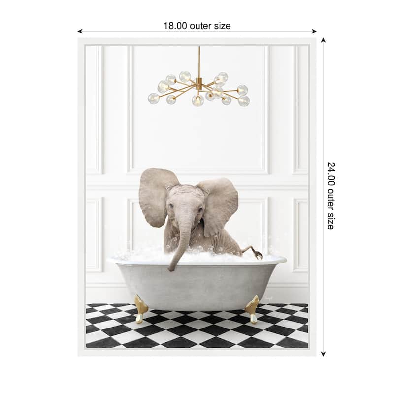 Kate and Laurel Sylvie Elephant in Gray Bathtub on Checker Floor Framed Canvas by Amy Peterson