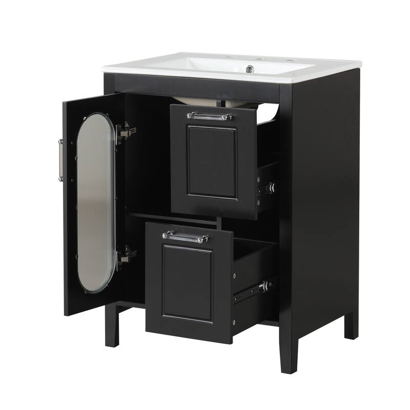 Freestanding Vanity for Bathroom with Ceramic Sink, Glass Cabinet Door, Drawers, Acrylic Bar Handles and Adjustable Shelf