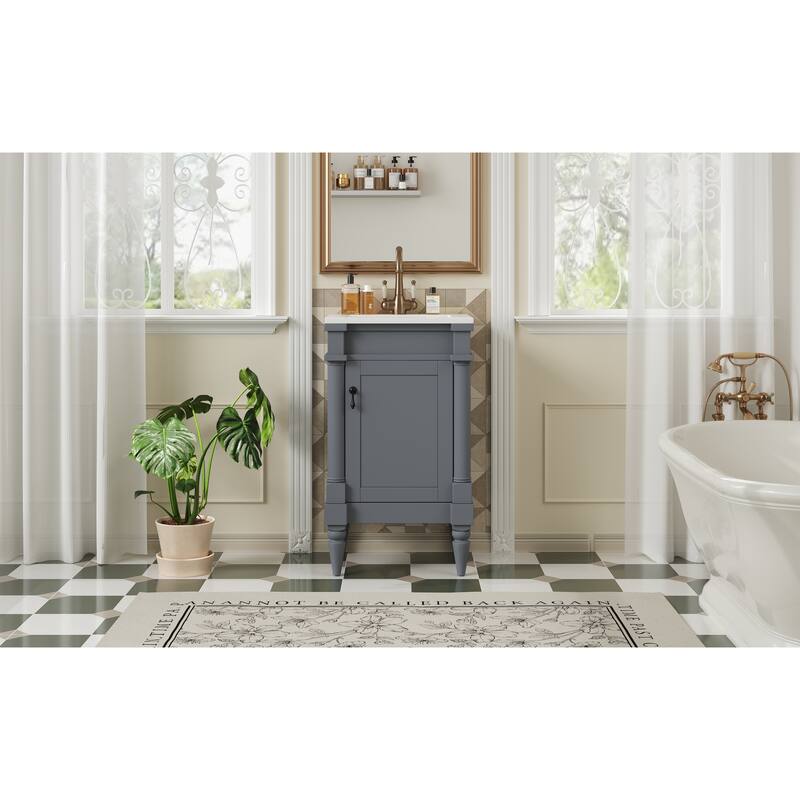 GDFStudio - Wexford Retro Freestanding Bathroom Vanity with Ceramic Sink, Solid Pine Wood Legs & Adjustable Shelf - 18'W