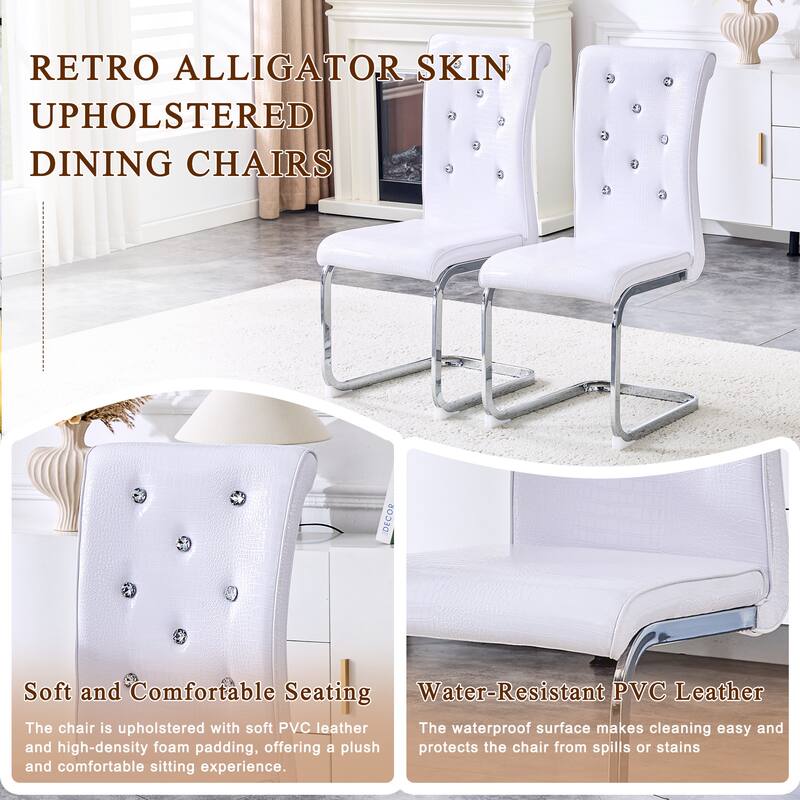 Set of 2, Retro Faux Alligator Skin Upholstered Dining Chairs, with Crystal Buckle Design and Faux Leather Design