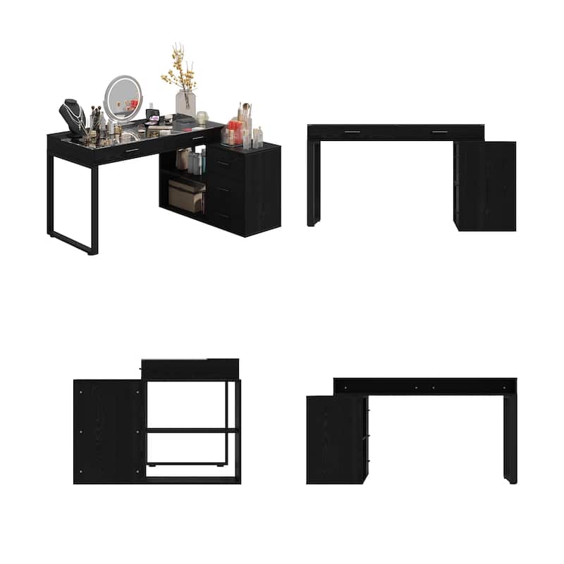 Black L-Shaped Desk with Glass Top Adjustable Writing Table with 5 Drawers, Sliding Top Reversible