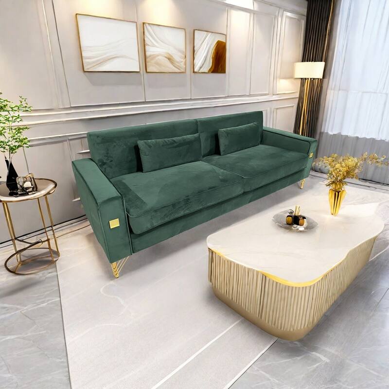 Retro Green Modern 85.63" Velvet 3-seater Sofa with Gold Accents and Plush Cushions for Living Room